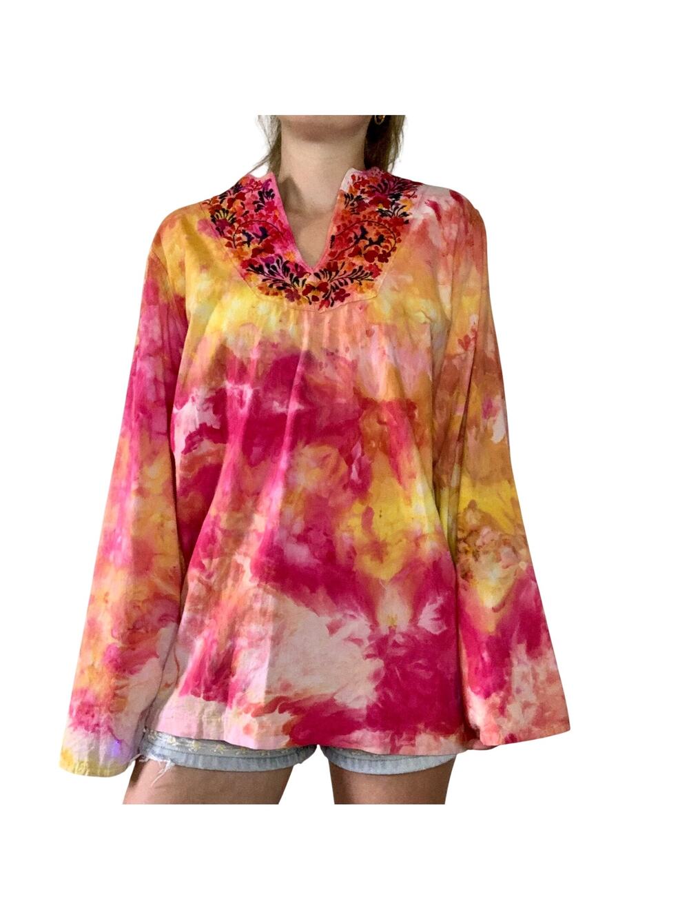 Vintage 70s Hand Dyed Embroidered Boho Blouse Pink Orange Yellow Ice Dye Medium